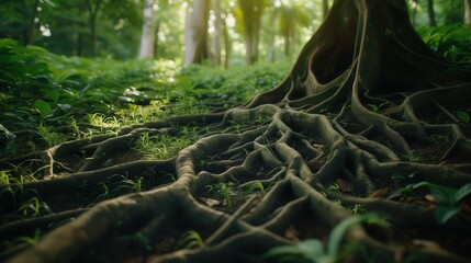 Korzenie drzewa splecione w gęstym lesie, zanurzone w glebie i tworzące sieć, która zapewnia stabilność roślinie