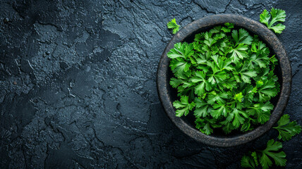 A bowl of parsley is sitting on a black countertop