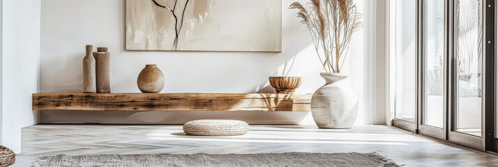 Minimalist interior design composition in a bright room with Scandinavian and zen decor. Home interiors in a luxurious style.
