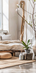 Minimalist interior design composition in a bright room with Scandinavian and zen decor. Home interiors in a luxurious style.