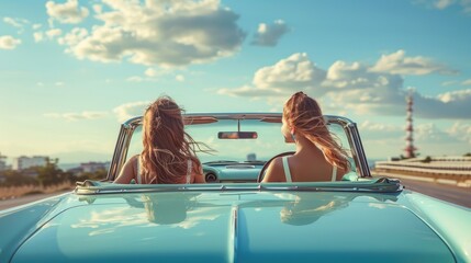 Two girls in a blue convertible on the outskirts of the city. - Powered by Adobe