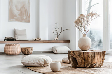 Minimalist interior design composition in a bright room with Scandinavian and zen decor. Home interiors in a luxurious style.