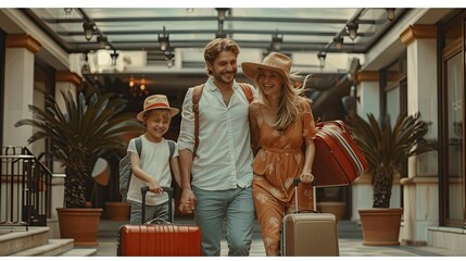 A happy family moves into a hotel for a vacation stay. Summer vacation.