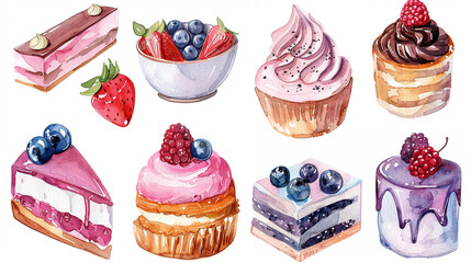Assorted delicious desserts in pastel watercolors, clipart style for a soft, appetizing visual treat