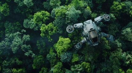 Obraz przedstawia widok z lotu ptaka na dom w drzewach pośrodku gęstego lasu. Konstrukcja jest umiejscowiona na koronach drzew, otoczona zielenią lasu