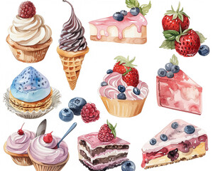 Clipart collection of various desserts painted in delicate pastel watercolors, capturing their delicious appeal