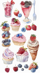 Watercolor pastel clipart featuring a delicious array of desserts, perfect for a sweet and artistic presentation