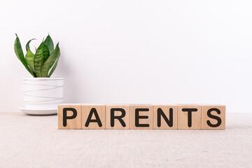 Word PARENTS made with wooden building blocks on a light background