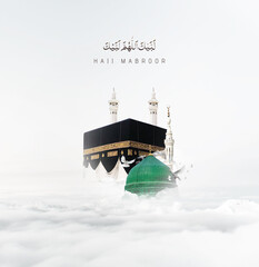 Translate: Kaaba for hajj mabroor in Mecca Saudi Arabia, mean (pilgrimage steps from beginning to end Arafat Mountain) for Eid Adha Mubarak cloudy sky background. 3d illustration