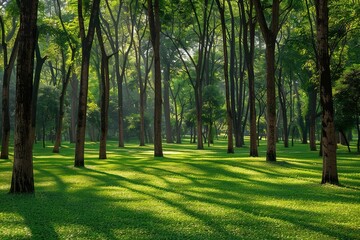 Obraz premium A large oak tree in the center of an enchanting forest, bathed in sunlight filtering through its leaves