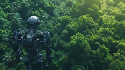 Robot stoi w środku lasu, otoczony gęstymi drzewami i roślinnością. Otoczenie jest dzikie i naturalne, a robot wydaje się być jedynym obcym elementem w tej scenerii