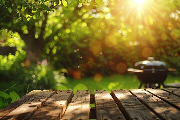 summer time in backyard garden with barbecue grill, wooden table, blurred background. 