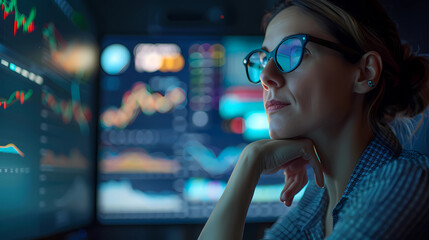 Businesswoman analyzing stock market trends and data on a digital tech screen in the office. Happy investor looking at stock data trends and graphs. Copy space for text - Generated by Generative AI