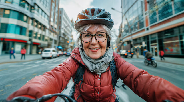 Cyclist in the city. An elderly woman riding a bicycle outdoors wearing a helmet. Person rides on the street.