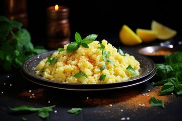 A plate of food with a lot of spices and herbs on it