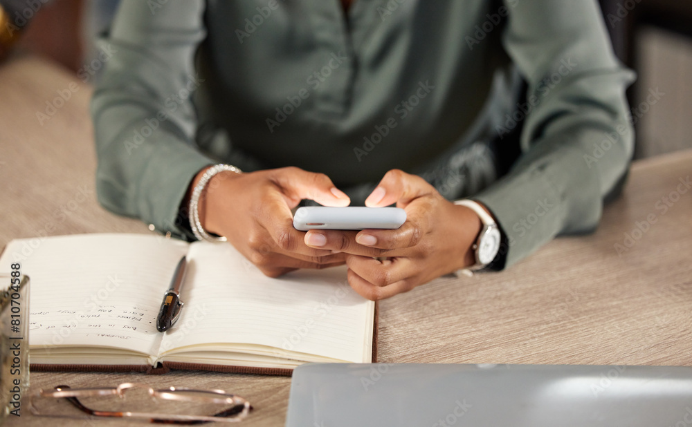 Fototapete hands, notebook and person with smartphone for communication, email and work for digital career. typ