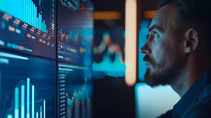 Businessman analyzing stock market trends and data on a digital tech screen in the office. Happy investor looking at stock data trends and graphs. Copy space for text - Generated by Generative AI