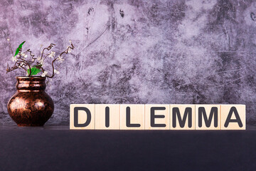 Word DILEMMA made with wood building blocks on a gray background