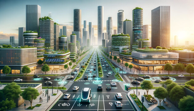 Smart city with autonomous vehicles and high-tech infrastructure. generative ai