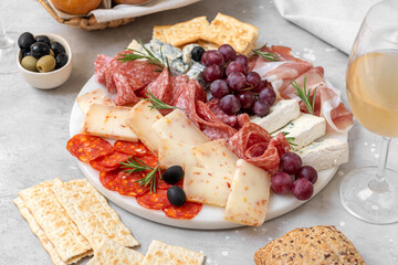 Italian food antipasto prosciutto ham, salami, olives and grissini breadsticks. cheese plate...