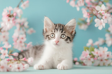 there is a small kitten sitting on a table with flowers