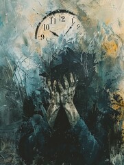 A ticking clock engulfing a person, representing the pressure of deadlines Expressionism