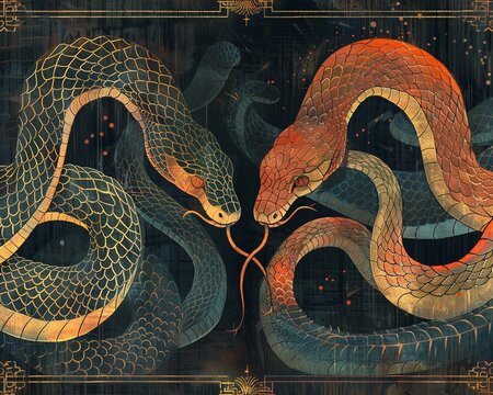 A toxic conversation visualized as two snakes spitting venom at each other Art Deco