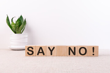 SAY NO word concept written on wooden blocks lying on a light table with a flower in a flowerpot on...