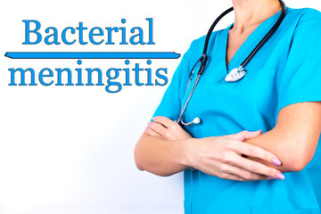 The inscription Bacterial Meningitis on a white background. Nearby is a doctor with a stethoscope.