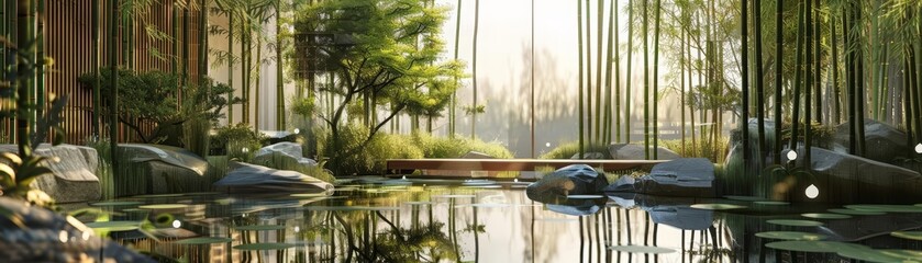 A Japanese art style creative design showcases a serene bamboo garden, illustrating a tranquil retreat from urban chaos