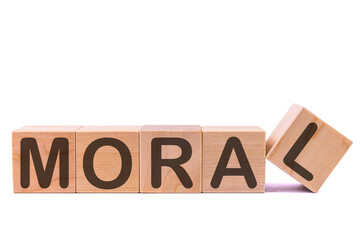 Moral word concept written on wooden cubes on a white background