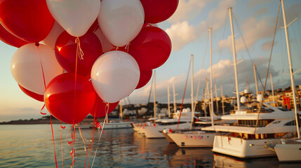 Red and white balloons tied to a yacht as it sails during a special celebration on the water.