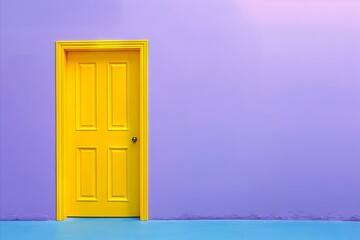 A yellow door in a purple room.