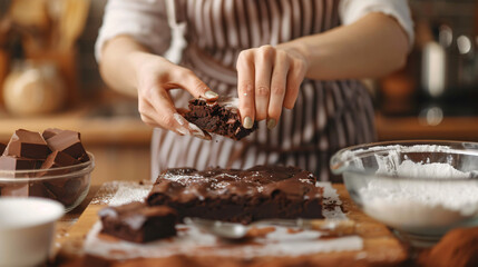 Woman preparing chocolate brownie at kitchen table clo