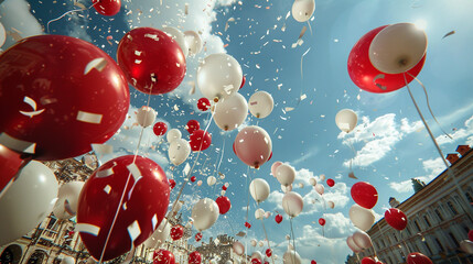 Red and white balloons being released by a crowd during a public celebration in a town square.
