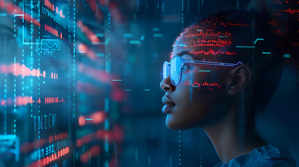 Fototapeta premium AI cyber security threat illustration, IT specialist analyzing data information technology, augmented reality artificial intelligence collage, copy space - Generated by Generative AI 
