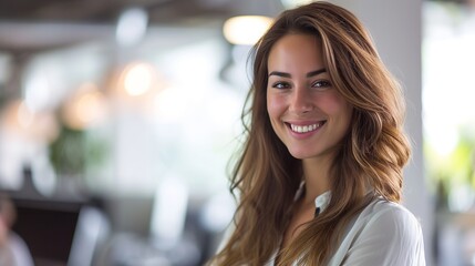 Obraz premium Confident entrepreneur: smiling businesswoman in casual attire poses in modern workspace environment