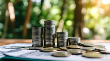 Ascending coins and ledger book displaying financial growth - A strategic banking and finance concept illustrating progressive success steps in business
