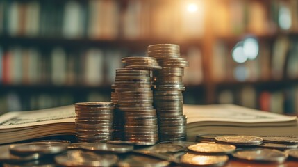 Ascending coins and ledger book displaying financial growth - A strategic banking and finance concept illustrating progressive success steps in business