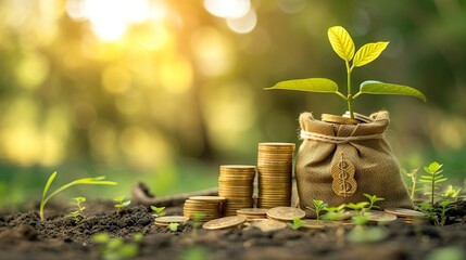 Sunlit stacked gold coins and flourishing money bag tree on wooden surface in public park - Conceptual representation of savings growth and business investment opportunities