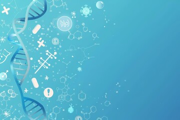 An abstract medical blue background hosts flat icons and symbols representing DNA genome sequencing biotechnology