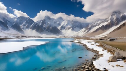 : A serene alpine lake nestled among snow-capped peaks Gilgit-Baltistan --ar 3:2 --v 4