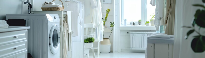 A bright and airy laundry room with white cabinets, a washer and dryer, and a large window