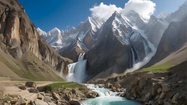  A majestic waterfall cascading down a rugged mountain in Northern Pakistan --ar 3:2 --v 4