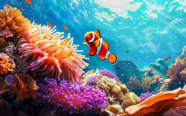 Cute anemone fish playing on the coral reef, beautiful colored clown fish on the coral reef, anemones on the tropical coral reef, which is very beautiful