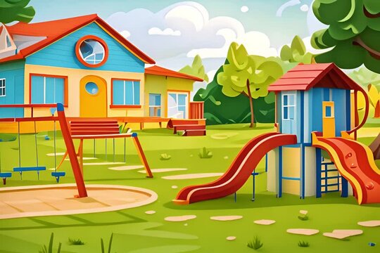 B Children's safety playground for outdoor recreation and games in the summer. Kindergarten flat. Swings, sandbox, slide on the green lawn near the house. Vector illustration n