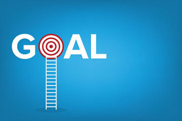 Goal. Success. Ladder reaching for the goal target dartboard. Business success creative idea.	
