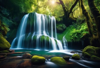 Fototapeta premium illustration, ethereal long exposure majestic waterfall lush forest setting, serene, flowing, peaceful, tranquil, landscape, scenery, environment, trees