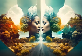 illustration, surreal double exposure blending two contrasting images abstractly, camera, photos, pictures, art, design, digital, creative, technique, visual - obrazy, fototapety, plakaty