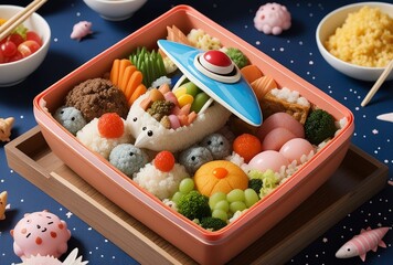 Obraz premium whimsical fantasy spaceship in a form of Bento Japan Food, flying through the space